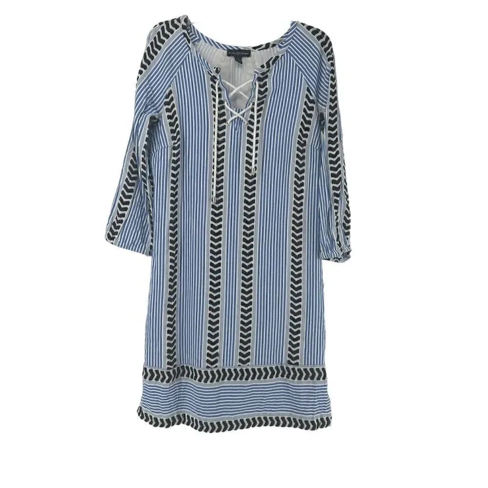 Tribal Femme Dress Bohemian Embroidered Beach Blue Size S 3/4 Sleeve Pocket Boho